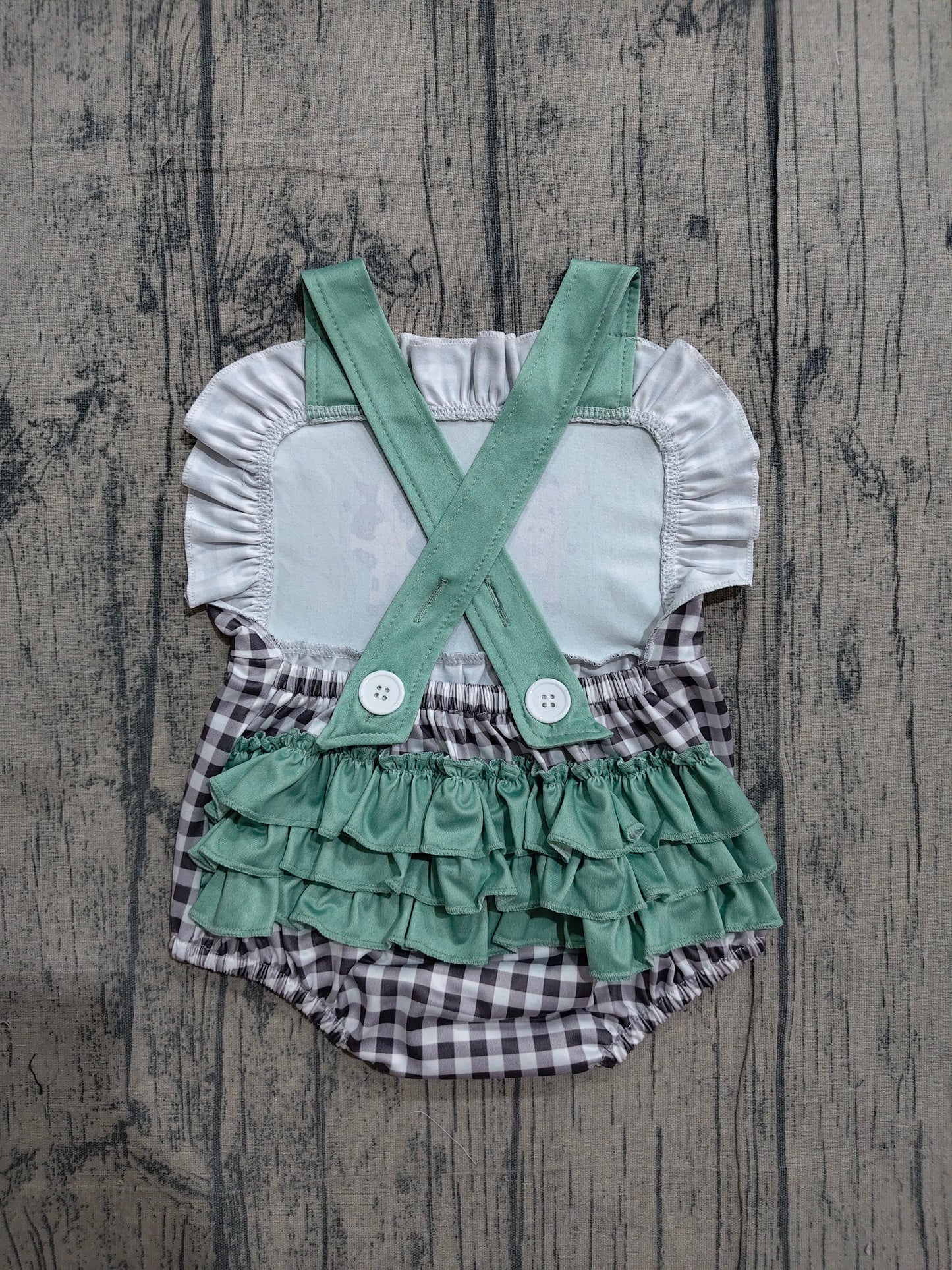 4.1 SR3866 Sample No Moq Baby Girls Strap Farm Checked Ruffle Rompers Preorder