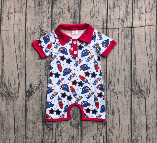 3.27 SR3874 Sample No Moq Baby Boys Short Sleeve USA Popsicle Stars 4th of July Button Rompers Preorder
