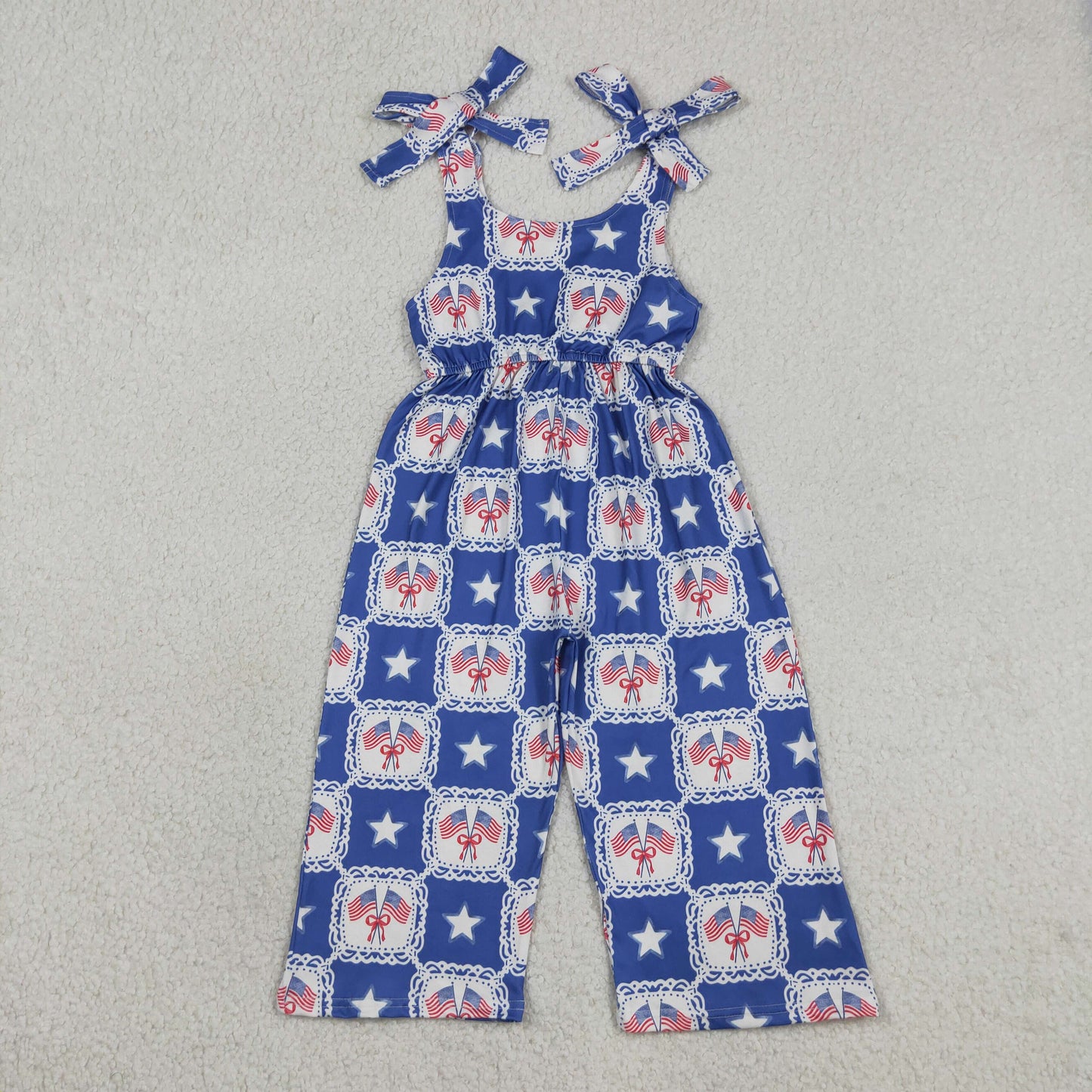 SR3875 RTS NO MOQ （In stock ）Straps flag bow stars kids girls 4th of july jumpsuit