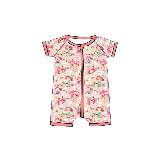 1.5 SR3878 Pre Order No moq Baby Girls Short Sleeve Flowers Strawberry Zipper Rompers