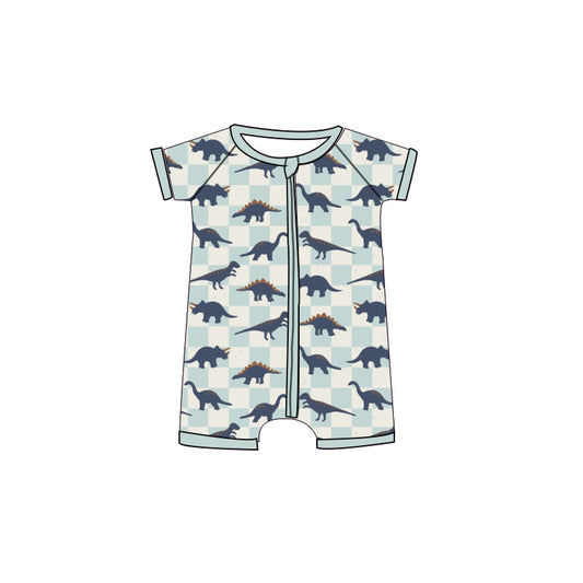 1.5 SR3880 Pre Order No moq Baby Boys Short Sleeve Blue Checked Dinosaurs Zipper Rompers