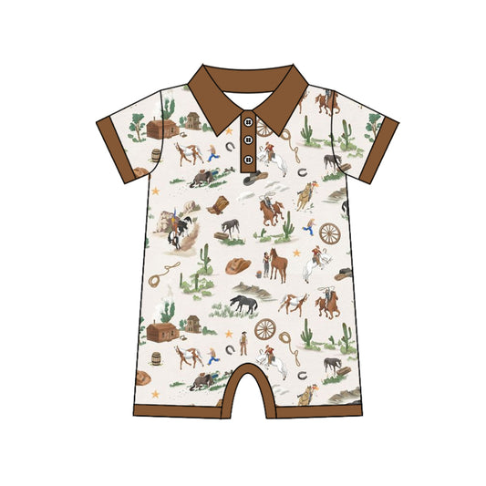 1.5 SR3882 Pre Order No moq Baby Boys Short Sleeve Horse Rodeos Cactus Western Button Zipper Rompers