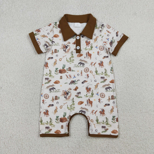 3.23 RTS NO MOQ （In stock）SR3882 Children's Fashion Romper Baby Boys Short Sleeve Button Horse Rodeos Cactus Western Short Rompers