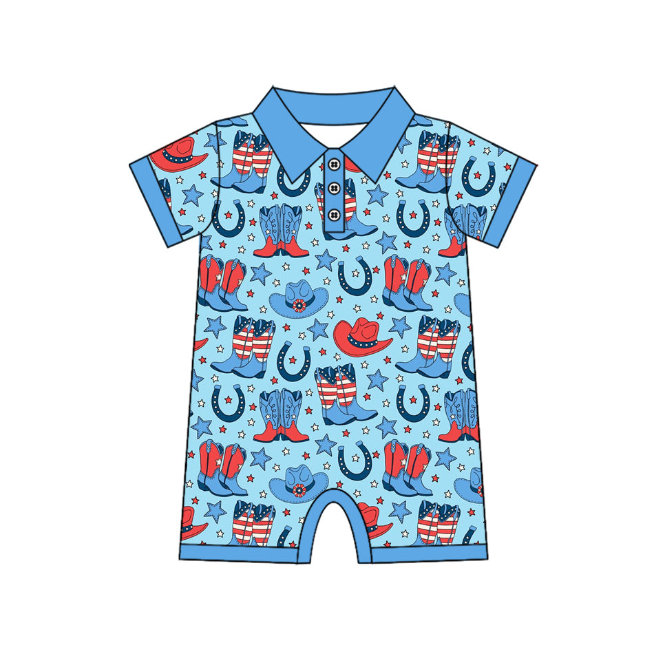 1.5 SR3884 Pre Order No moq Baby Boys Short Sleeve Star Hat Boots 4th of July Western Button Zipper Rompers