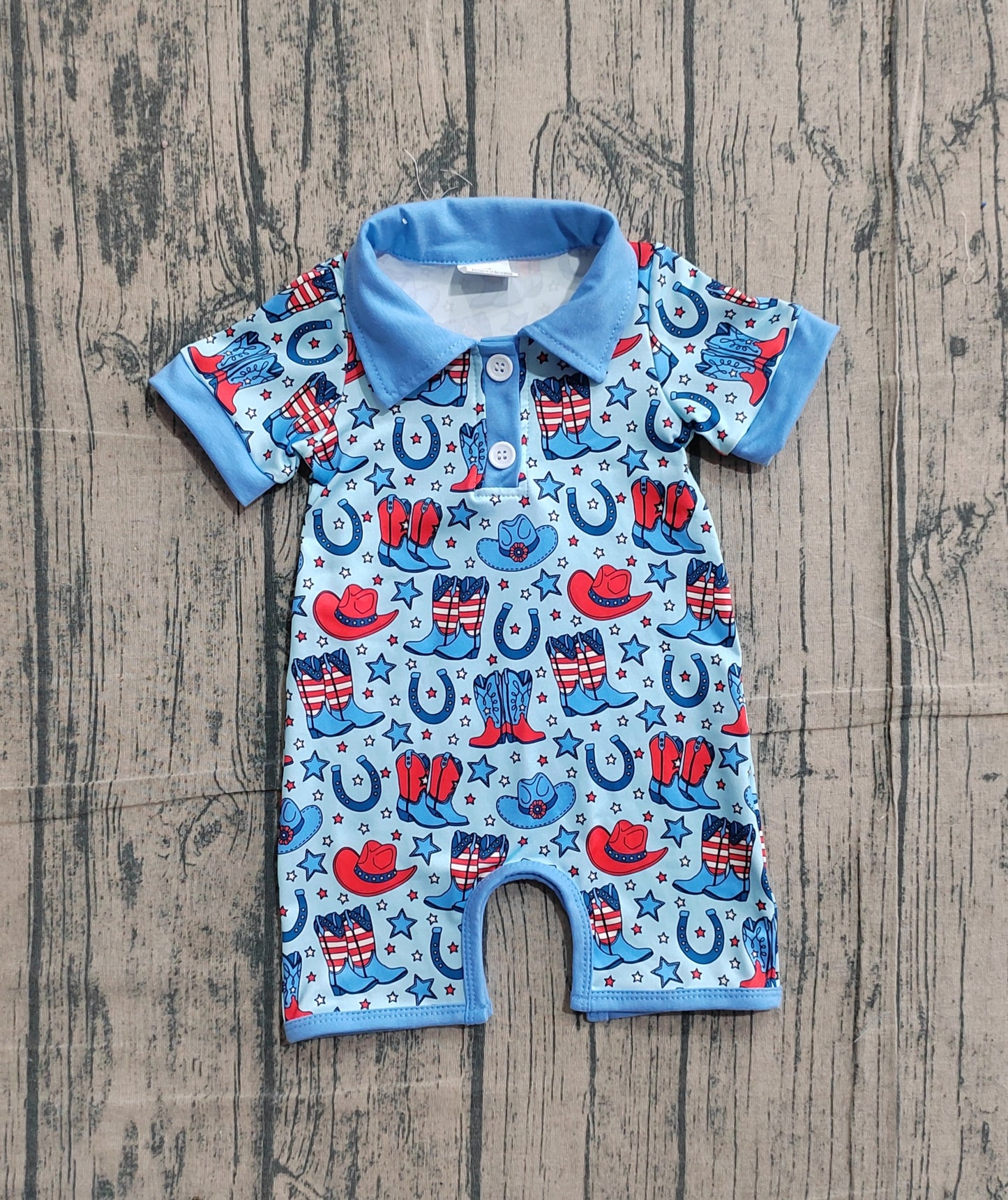 3.9 SR3884 Pre Order No moq Baby Boys Short Sleeve Star Hat Boots 4th of July Western Button Rompers
