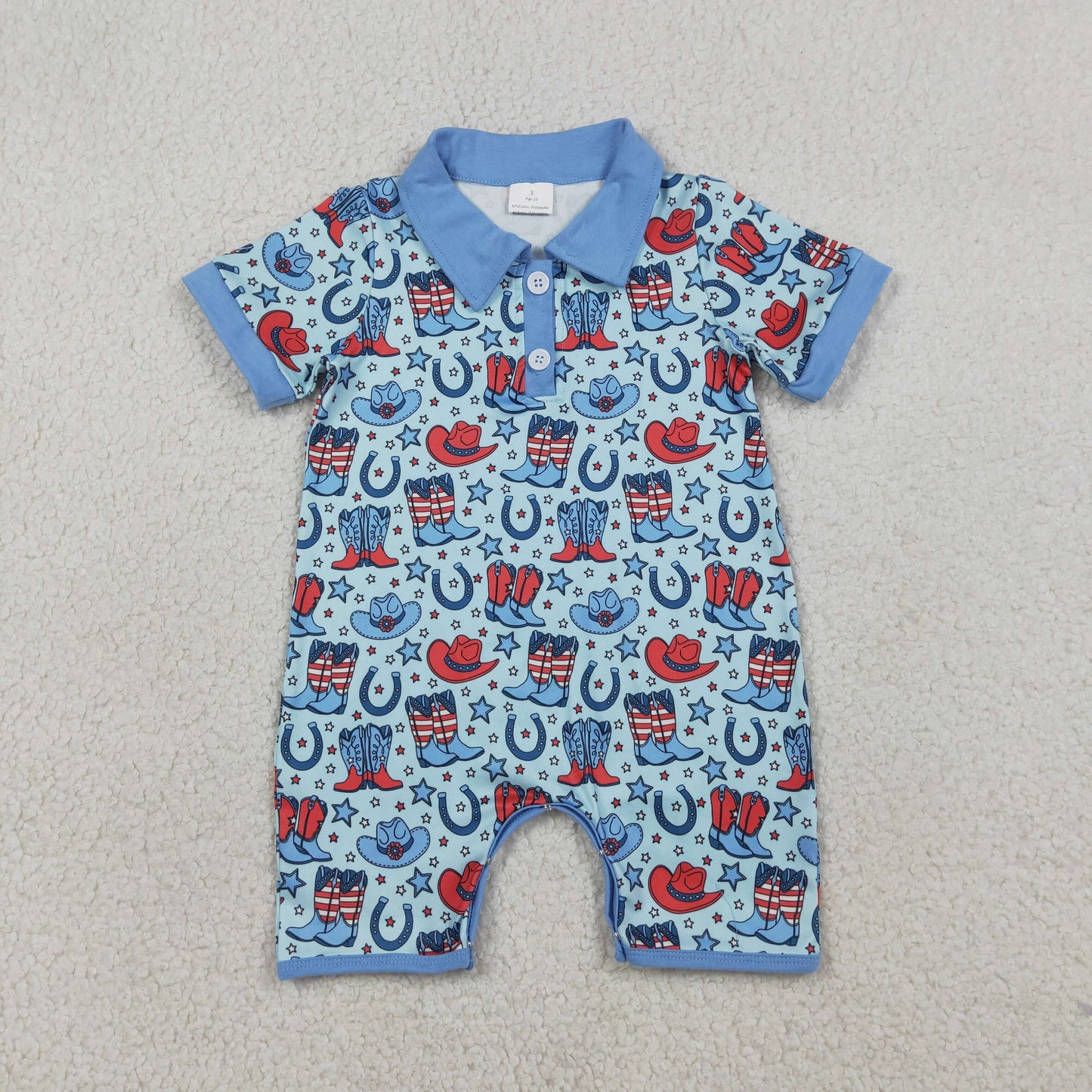 3.26 RTS NO MOQ （In stock）SR3884 Children's Fashion Romper Baby Boys Short Sleeve Blue Star Hat Boots 4th of July Western Button Rompers