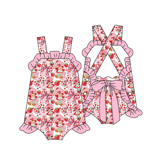 1.5 SR3885 Pre Order No moq Baby Girls Strap Flowers Strawberry Back Bows Ruffle Rompers