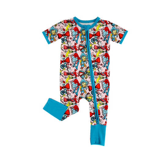 1.5 SR3886 Pre Order No moq Baby Girls Short Sleeve Cartoon Dr Reading Bows Two Way Zip Convertible Rompers