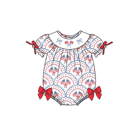 1.5 SR3887 Pre Order No moq Baby Girls Bows Flags Checked 4th of July Ruffle Rompers