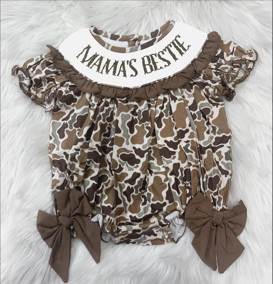 1.5 SR3888 Pre Order No moq Baby Girls Southern Brown Camo Mama's Bestie Bows Ruffle Rompers