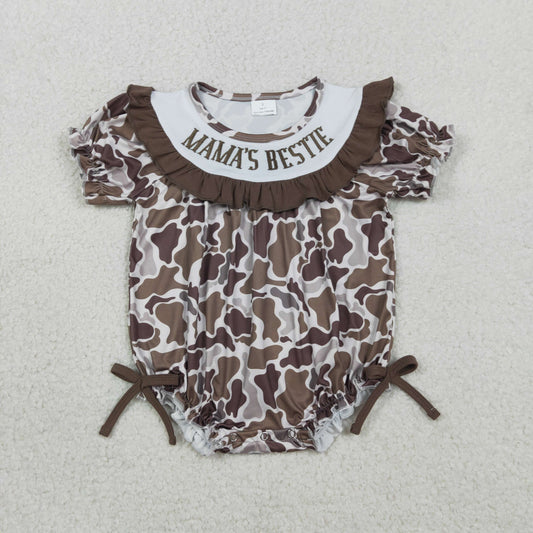 2.4 RTS NO MOQ （In stock）SR3888 Embroidery Mama's Bestie Baby Girls Southern Brown Camo Ruffle Rompers