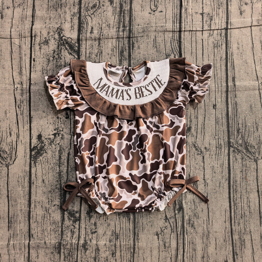 1.7 SR3888 Sample No Moq Embroidery Mama's Bestie Baby Girls Southern Brown Camo Ruffle Rompers