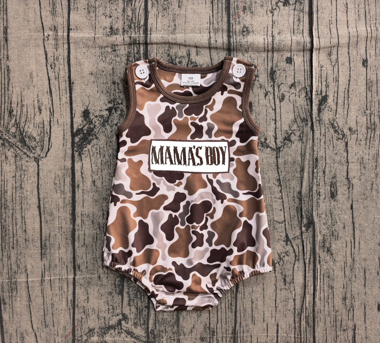 1.7 SR3889 Sample No Moq Embroidery Mama's Boy Sleeveless Southern Brown Camo Rompers