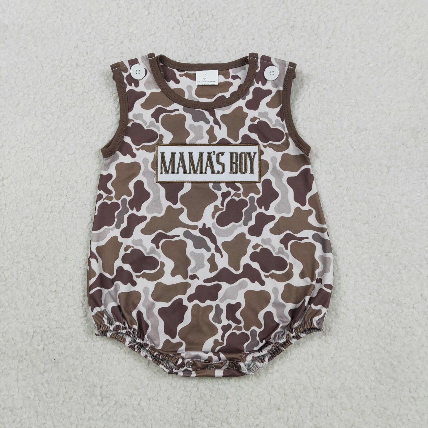 1.28 RTS NO MOQ （In stock）SR3889 Embroidery Mama's Boy Southern Brown Camo Sleeveless Rompers