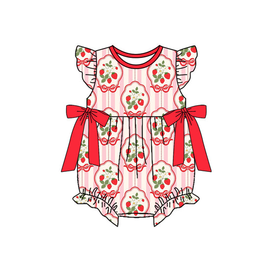 1.5 SR3890 Pre Order No moq Baby Girls Pink Stripe Flowers Strawberry Bows Ruffle Rompers
