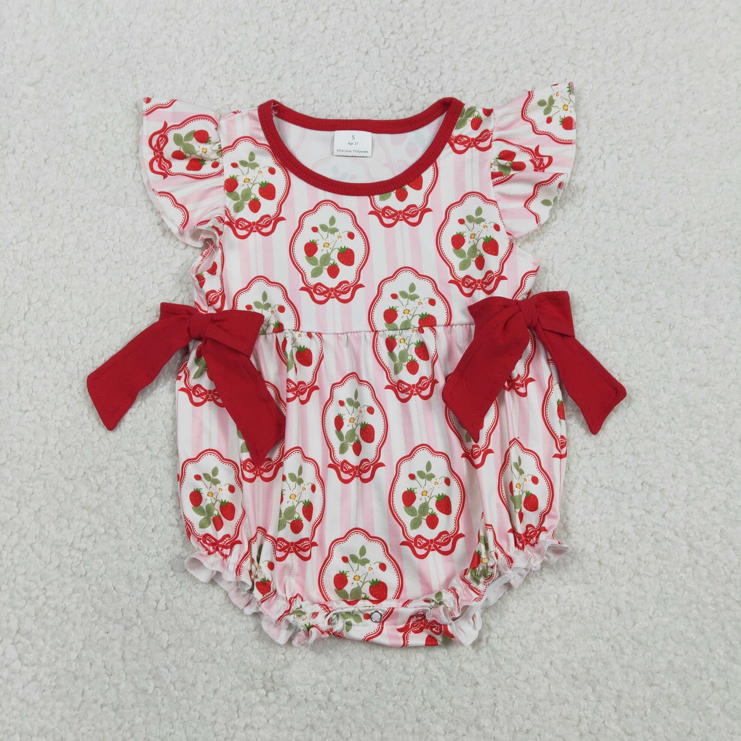 1.27 RTS NO MOQ （In stock）SR3890 Baby Girls Pink Stripe Flowers Strawberry Ruffle Rompers
