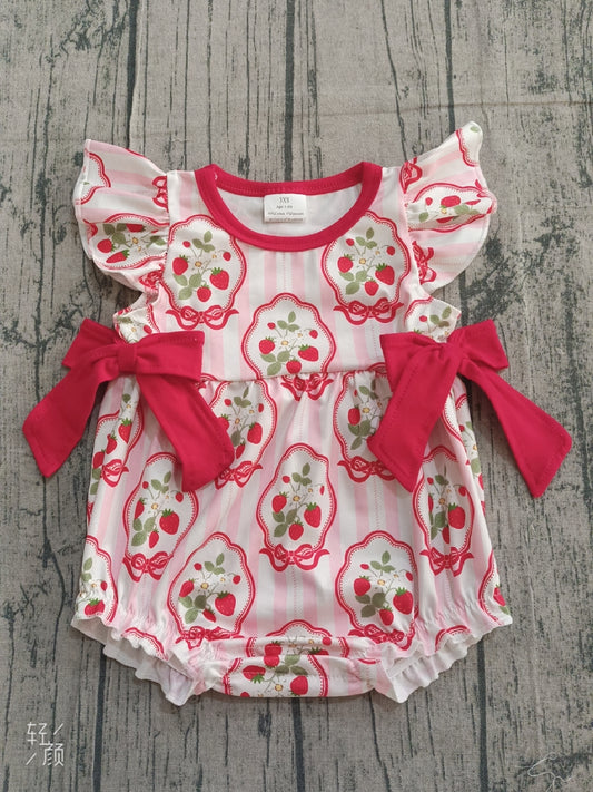1.12 SR3890 Sample No Moq Baby Girls Pink Stripe Flowers Strawberry Bows Ruffle Rompers