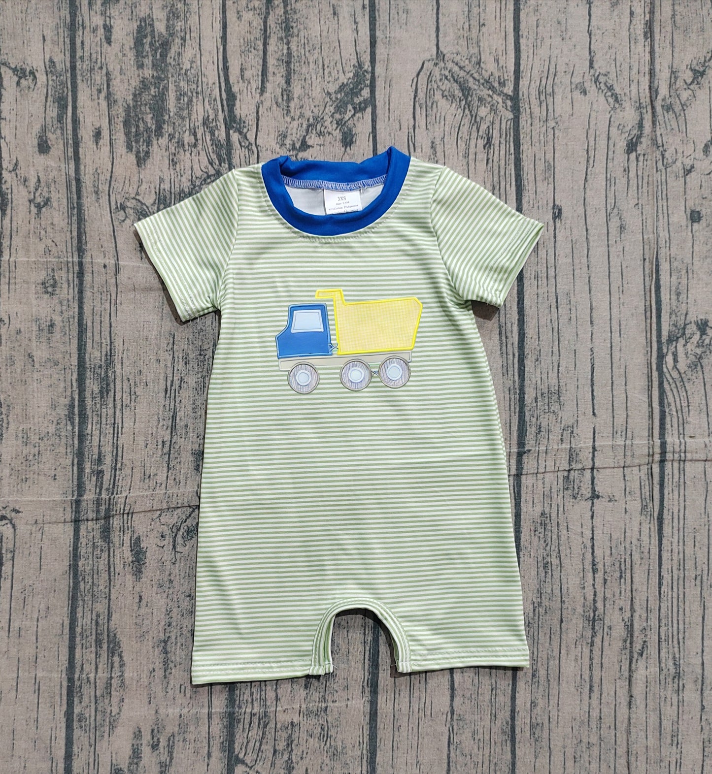 1.19 SR3893 Sample No Moq Embroidery Tractors Baby Boys Short Sleeve Green Stripe Rompers
