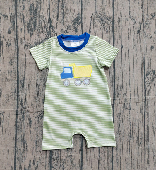 1.19 SR3893 Sample No Moq Embroidery Tractors Baby Boys Short Sleeve Green Stripe Rompers
