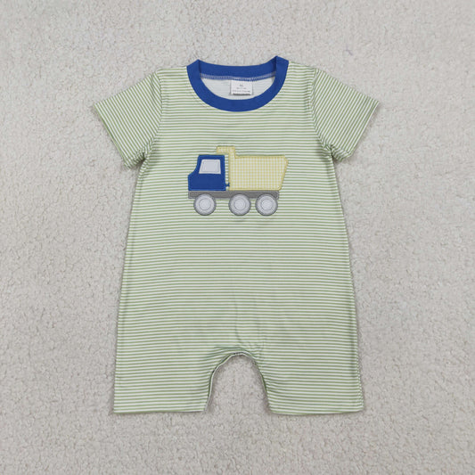 3.24 RTS NO MOQ （In stock）SR3893 Children's Fashion Romper Baby Boys Short Sleeve Embroidery Tractors Green Stripe Rompers