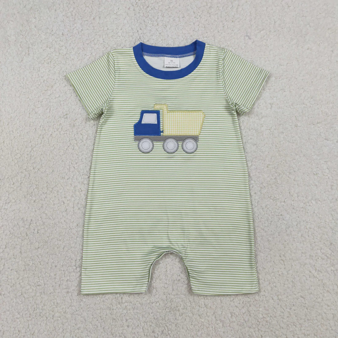 3.26 RTS Sibling Baby Boys Embroidery Tractors Stripe Top Short Clothes Set Rompers
