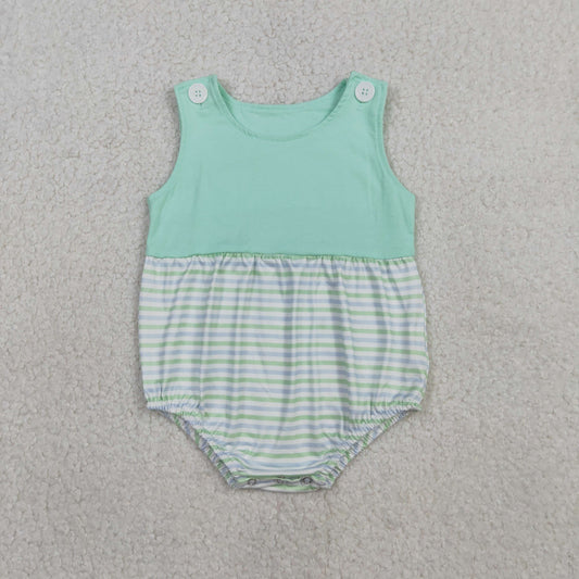 3.3 RTS NO MOQ （In stock）SR3894 Children's Fashion Romper Baby Boys Sleeveless Green Stripe Rompers