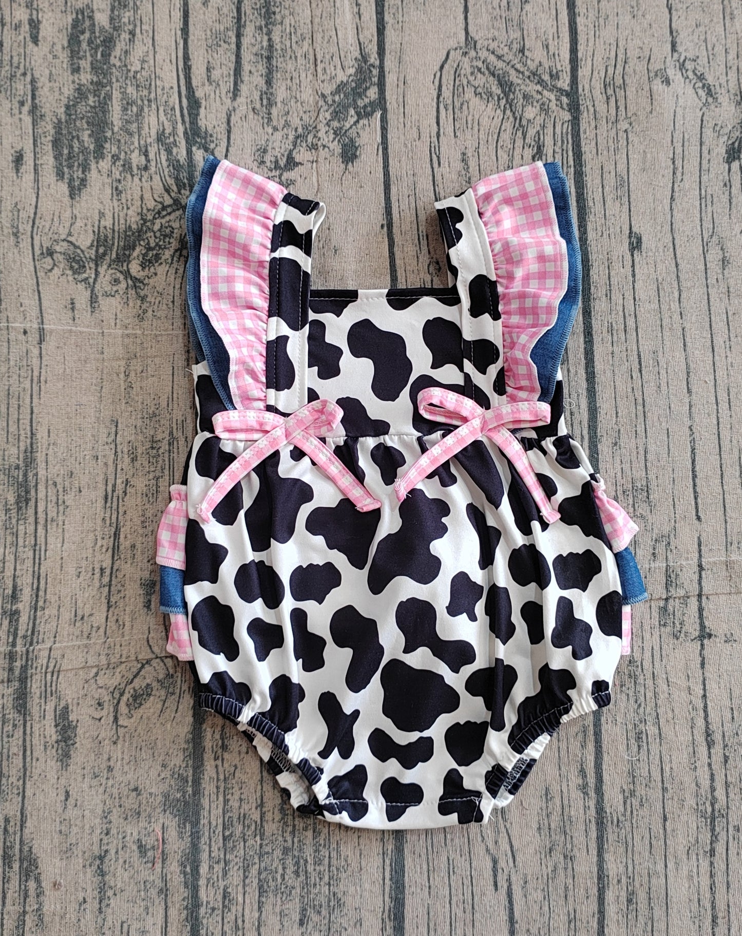 3.11 SR3898 Sample No Moq Baby Girls Summer Fashion Flutter Sleeve Western Cow Print Ruffle Rompers