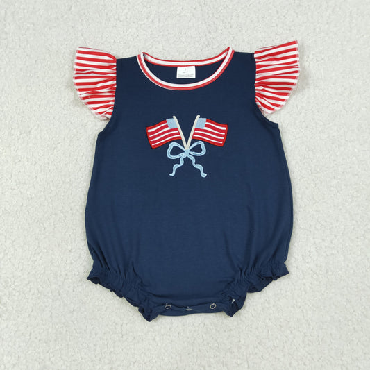 4.1 SR3903 RTS NO MOQ （In stock) Flutter sleeves flag bow embroidery baby 4th of july romper
