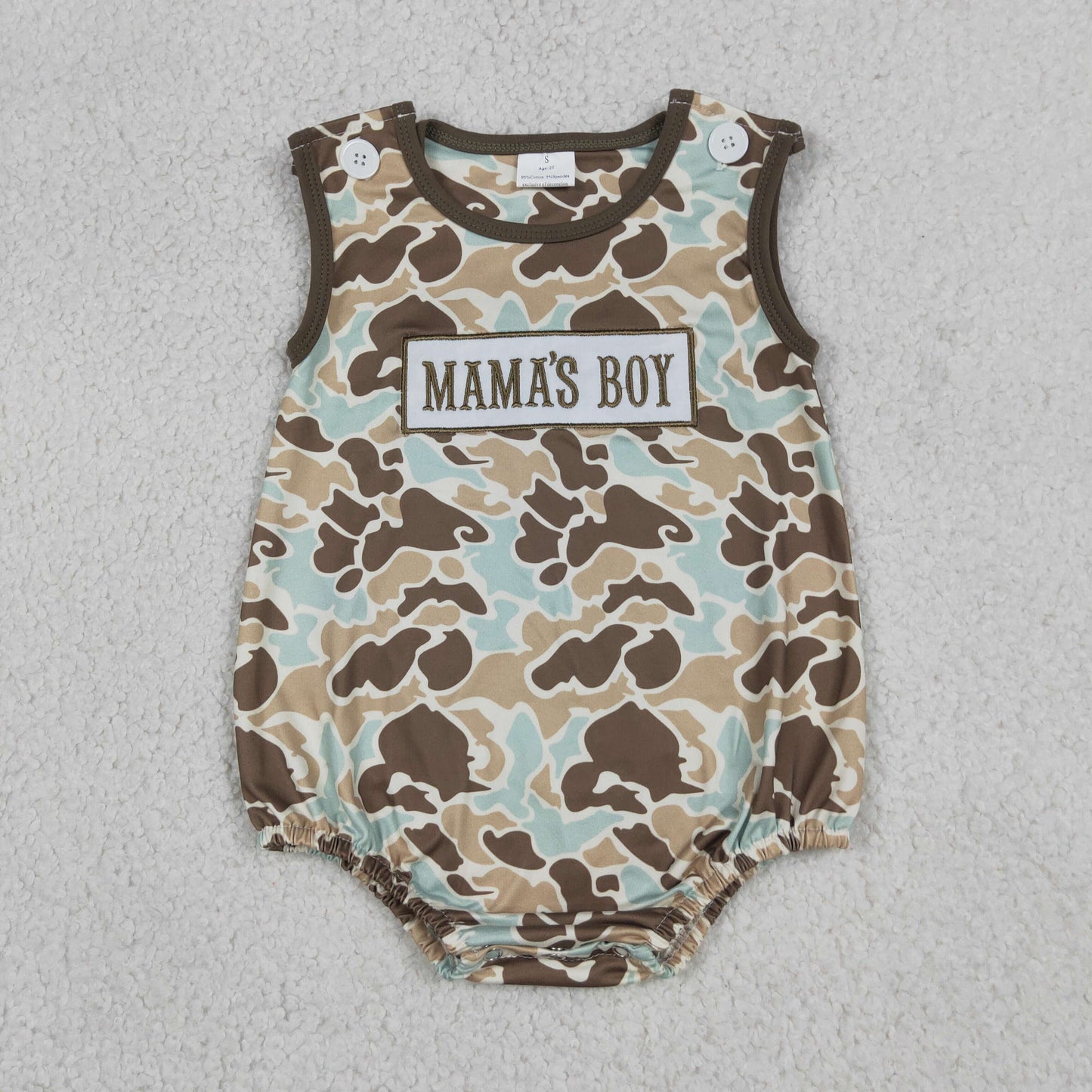 SR3907 RTS NO MOQ （In stock）Sleeveless camo mama's boy embroidery baby romper