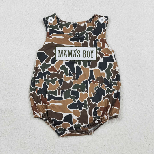 3.3 RTS NO MOQ （In stock）SR3908 Children's Fashion Romper Embroidery Mama's Boy Sleeveless Southern Dark Brown Camo Rompers