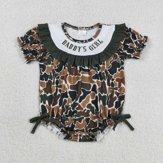 3.16 RTS NO MOQ （In stock）SR3916 Children's Fashion Romper Embroidery Daddy's Girls Southern Dark Brown Camo Ruffle Rompers