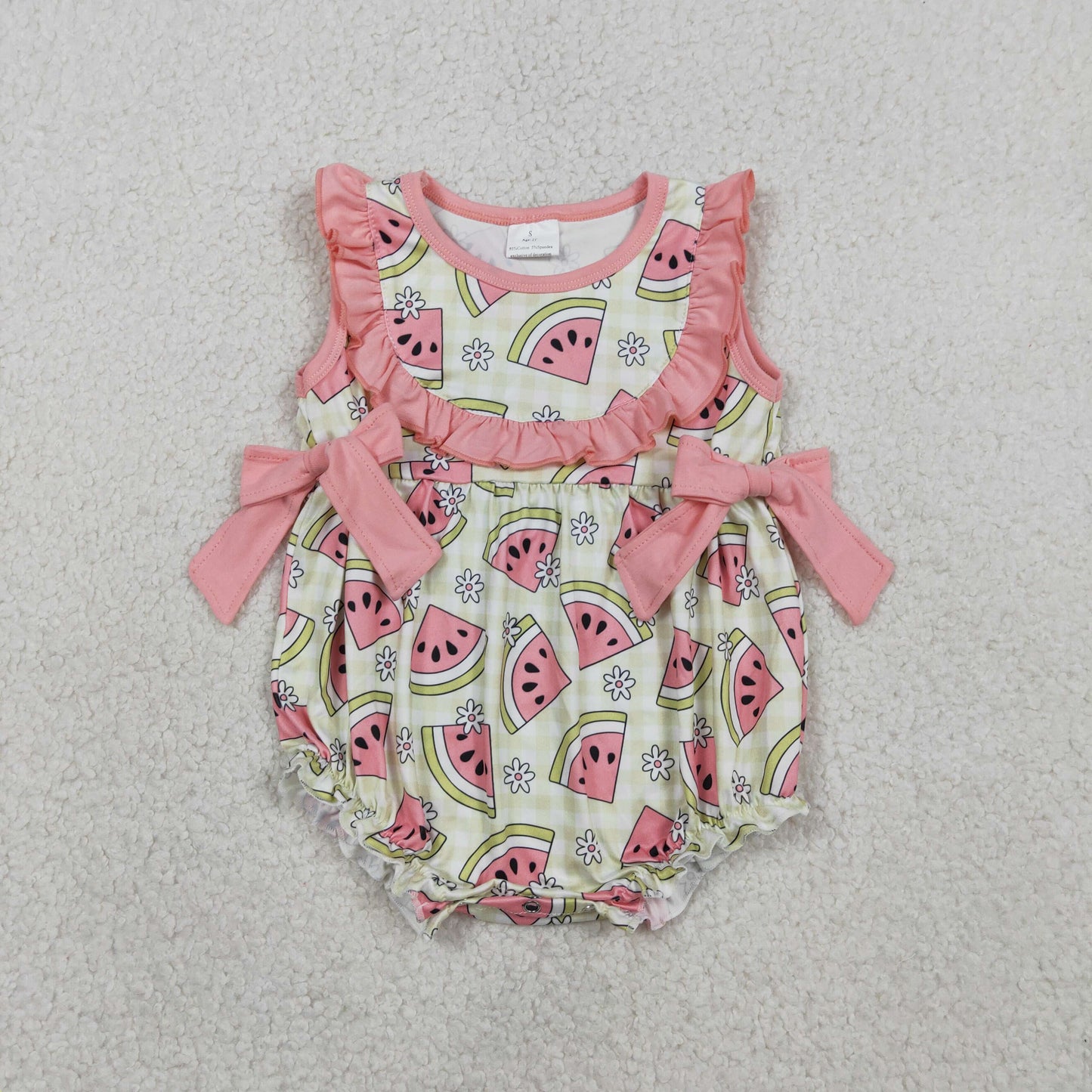 3.3 RTS NO MOQ （In stock）SR3920 Children's Fashion Romper Baby Girls Sleeveless Green Checked Watermelons Ruffle Rompers