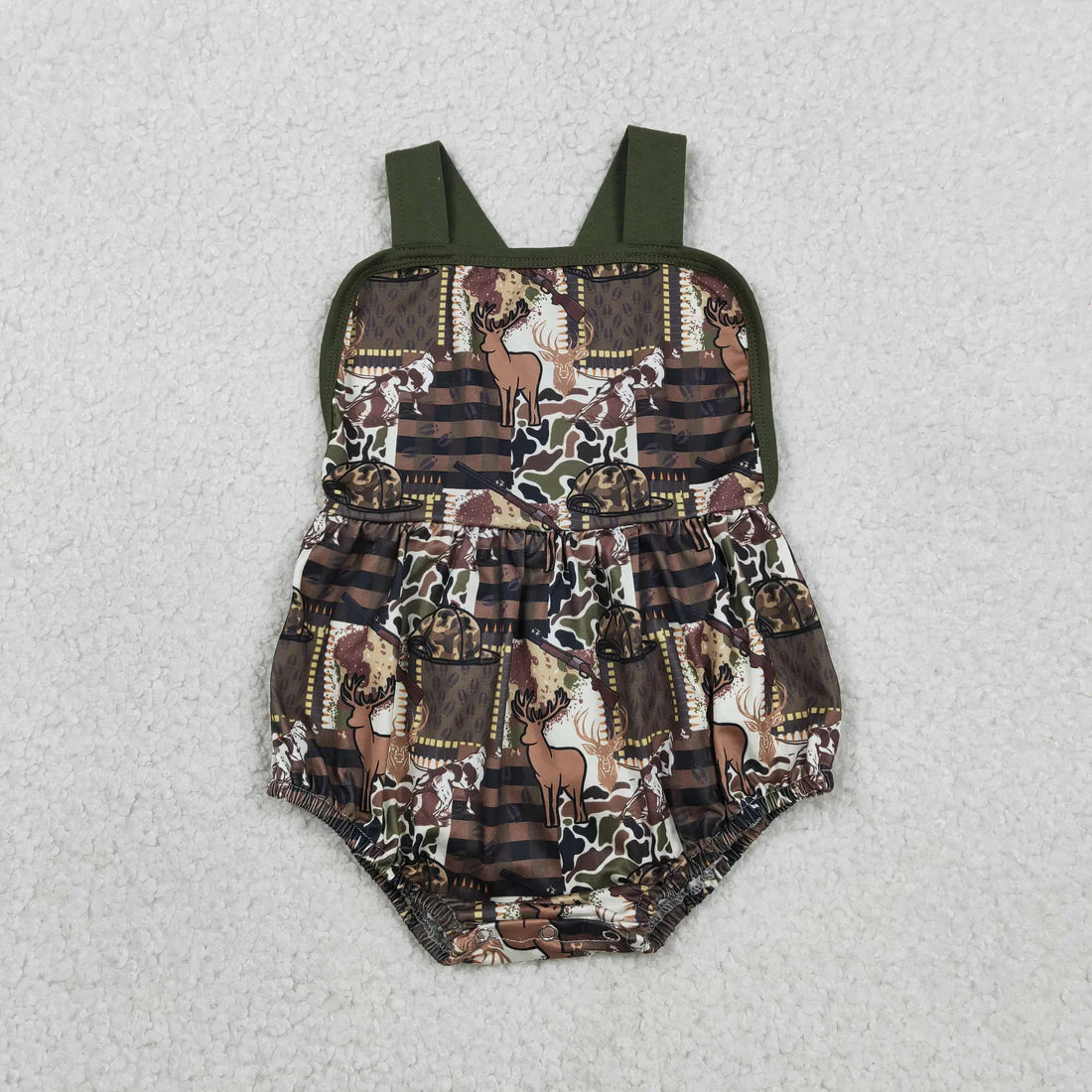 3.18 RTS Sibling Baby Boys Summer Strap Southern Camo Hunting Rompers