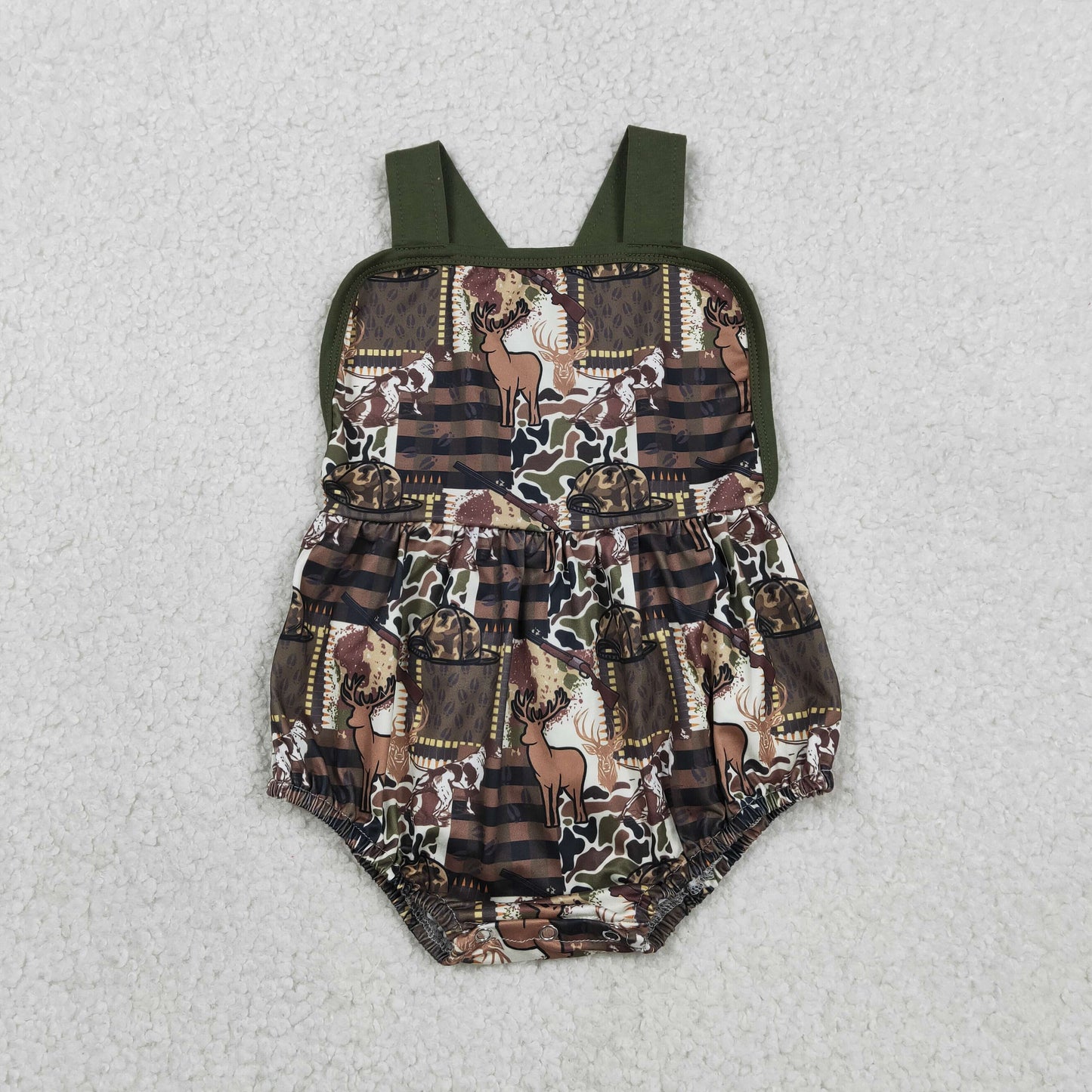 2.2 RTS NO MOQ （In stock）SR3927 Baby Boys Strap Southern Deer Hats Camo Hunting Rompers