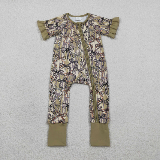 2.3 RTS NO MOQ （In stock）SR3931 Baby Girls Southern Olive Camo Bows Two Way Zip Convertible Rompers
