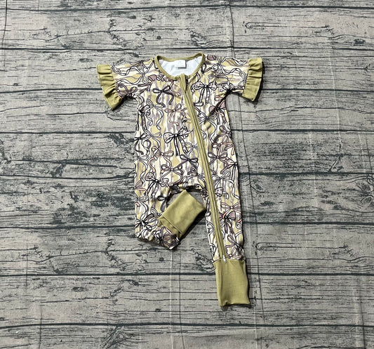 1.16 SR3931 Sample No Moq Baby Girls Southern Olive Camo Bows Two Way Zip Convertible Rompers