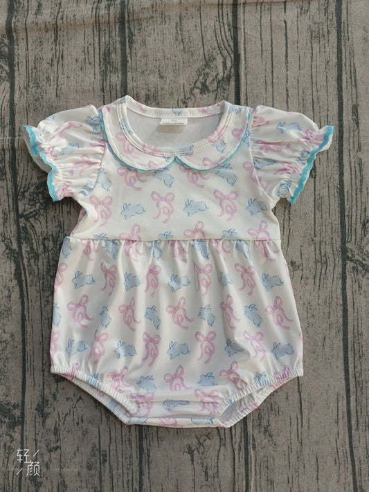 1.12 SR3938 Sample No Moq Baby Girls Short Sleeve Bows Rabbits Easter Collar Ruffle Rompers