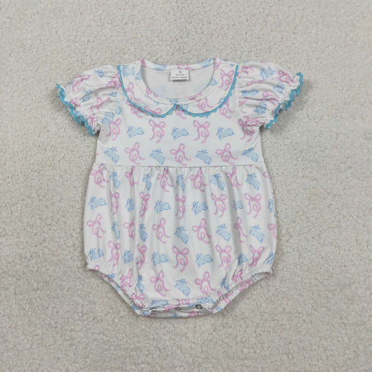2.7 RTS NO MOQ （In stock）SR3938 Baby Girls Short Sleeve Bows Rabbits Easter Collar Ruffle Rompers