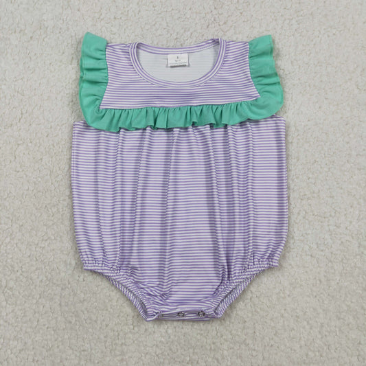 3.30 RTS NO MOQ （In stock）SR3942 Ruffle lavender stripe baby girls summer romper