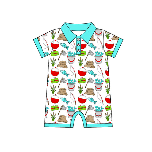 1.9 SR3950 Pre Order No moq Baby Boys Short Sleeve Button Fishing Hunting Rompers