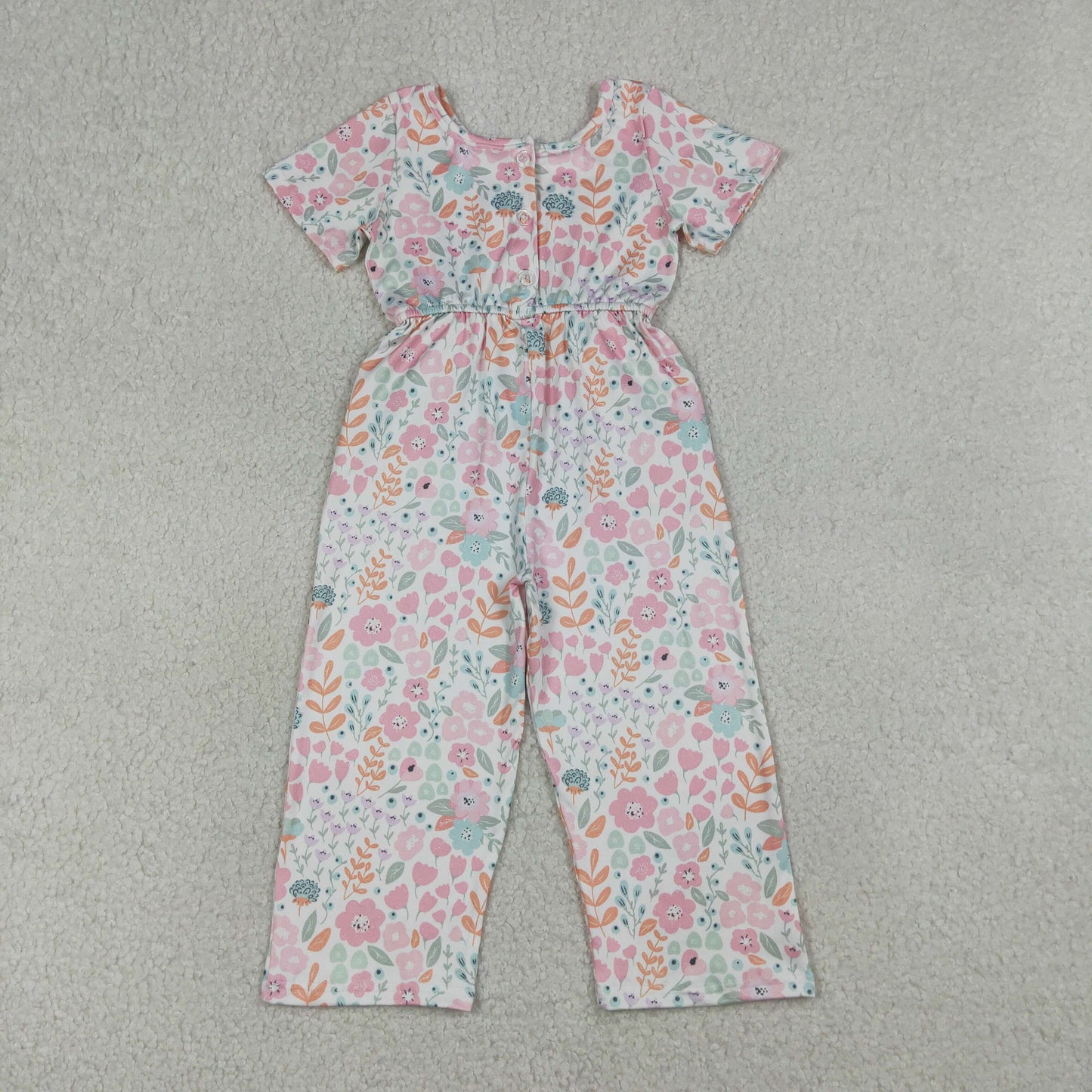 4.7 SR3987 RTS NO MOQ （In stock) Short sleeves pink floral pockets kids girls jumpsuit