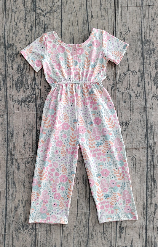 3.10 SR3987 Sample No Moq Baby Girls Summer Short Sleeve Pink Flowers Pockets Jumpsuits