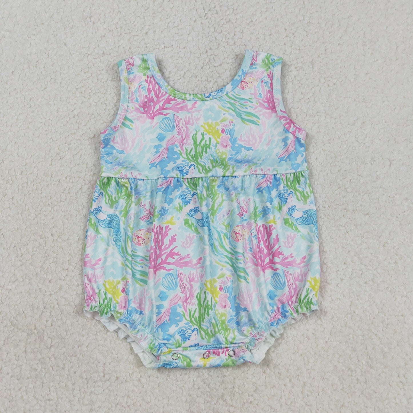 3.18 RTS NO MOQ （In stock）SR3991 Children's Fashion Romper Baby Girls Sleeveless Colorful Sea Plants Ruffle Rompers