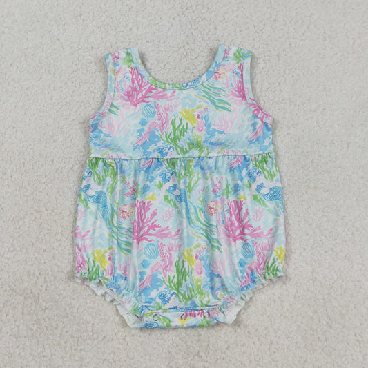 3.18 RTS NO MOQ （In stock）SR3991 Children's Fashion Romper Baby Girls Sleeveless Colorful Sea Plants Ruffle Rompers