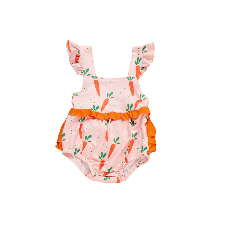 1.24 SR4019 Pre Order No moq Baby Girls Flutter Sleeve Flower Carrots Easter Ruffle Rompers