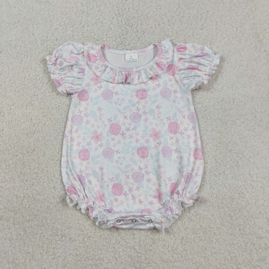 3.10 RTS NO MOQ （In stock）SR4023 Children's Fashion Romper Baby Girls Short Sleeve Colorful Flowers Ruffle Rompers
