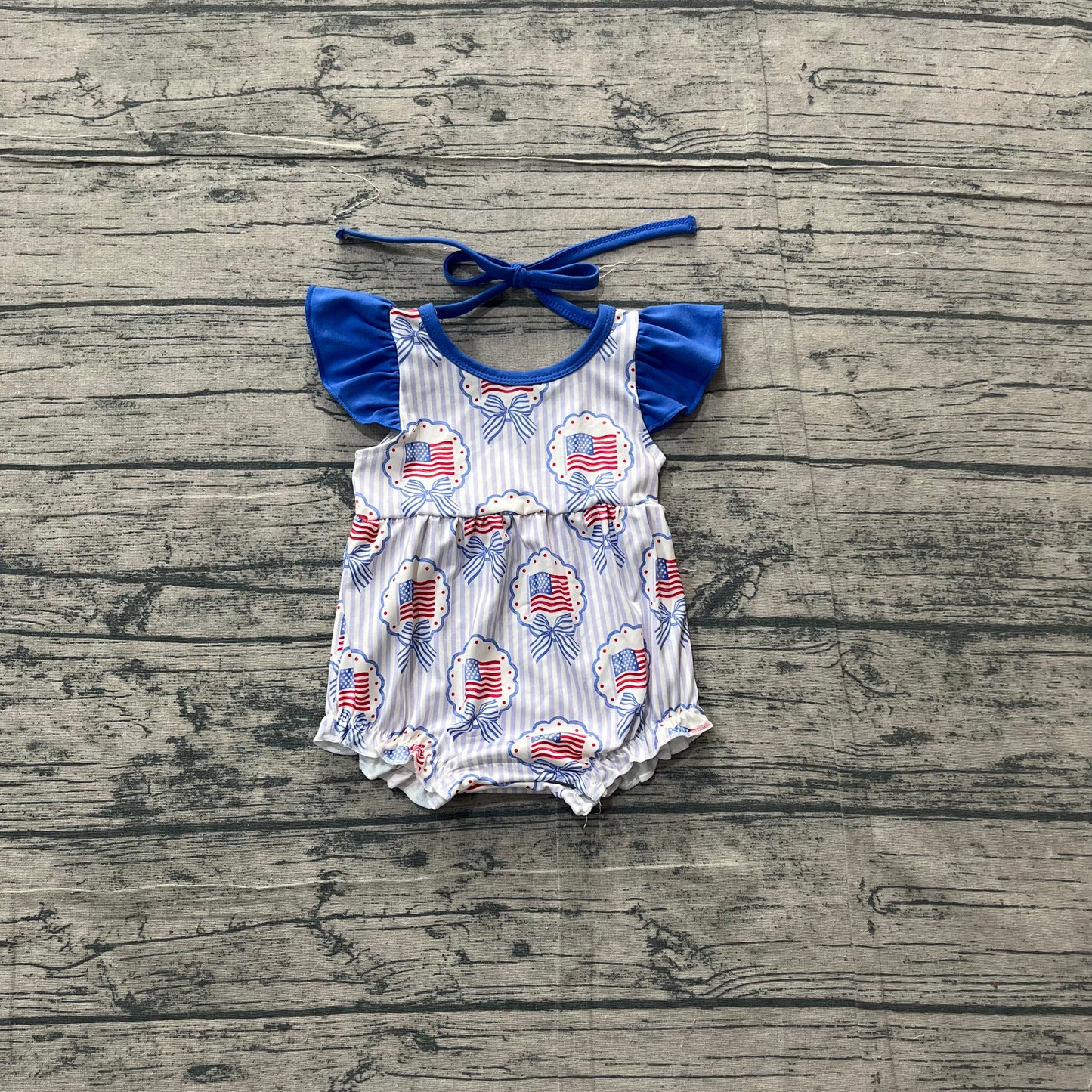 3.18 SR4029 Sample No Moq Baby Girls Summer Fashion Flutter Sleeve Blue Stripe Bows Flags 4th of July Ruffle Rompers