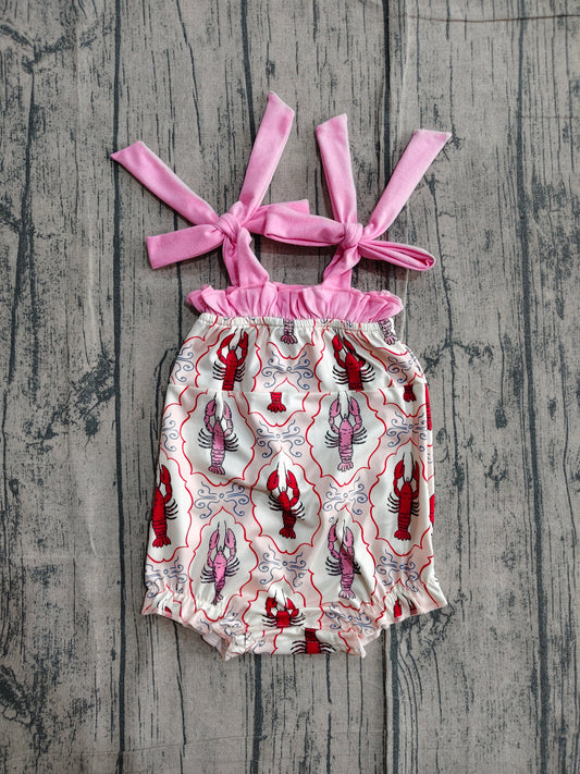 3.17 SR4032 Sample No Moq Baby Girls Summer Fashion Strap Pink Bows Crayfishes Checked Ruffle Rompers