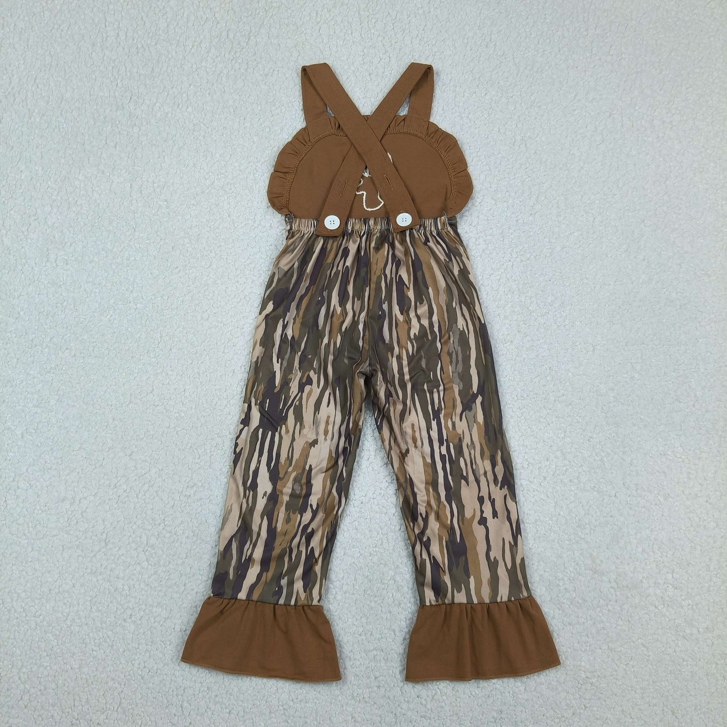 SR4047 RTS NO MOQ （In stock ）Deer embroidery brown ruffle camo kids girls jumpsuit  Reviews
