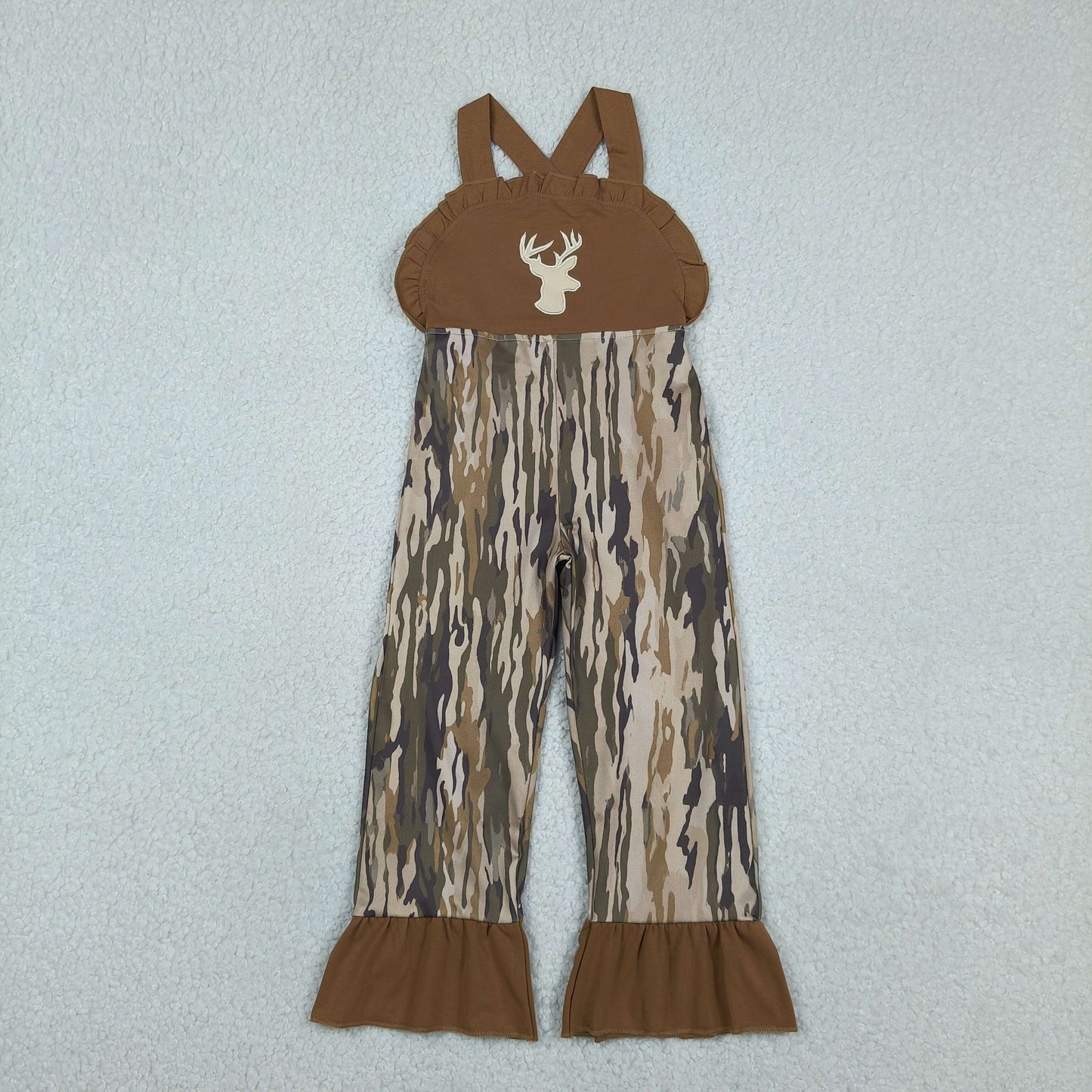 RTS Sibling Deer embroidery brown ruffle camo kids jumpsuit